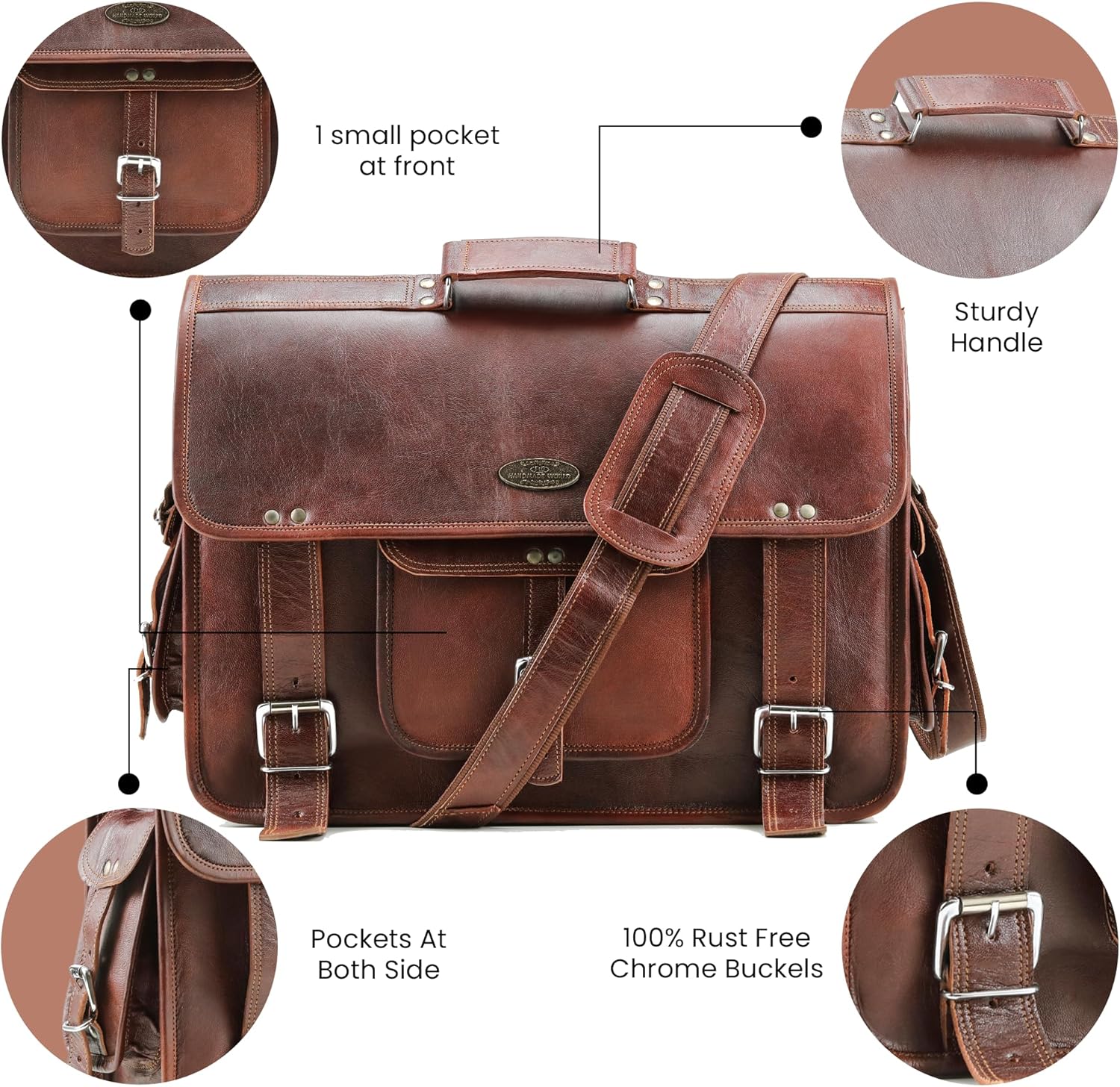 Handmade World Leather Laptop Messenger Bag For Men 'Executive Elegance' Fits 18 Inch Computer Satchel Briefcase For Work Office Business (Brown, 18 Inches)